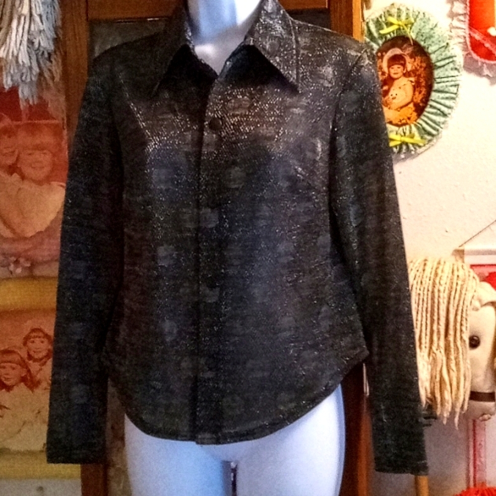 Vintage 80s,Sexy,Black,Sparkly/Silver Detail,Semi-Sheer,Button Down,Blouse🖤⚘️🌹